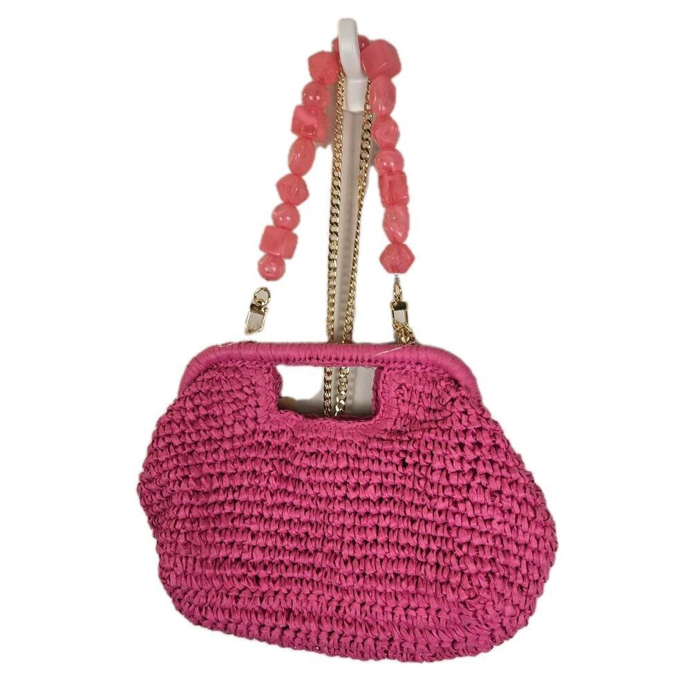Hot Pink Woven Raffia Handbag Cross Body Chain NEW 12x7" Tropical Resort Coquett